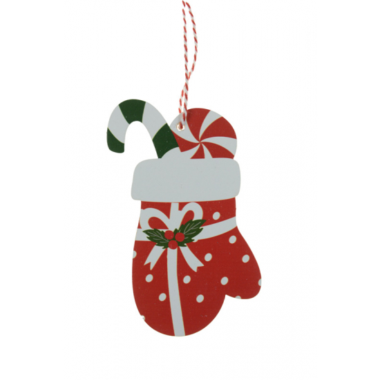 Karácsonyfa dísz kesztyű fa cukrokkal 6*0.5*11.5cm akasztós piros