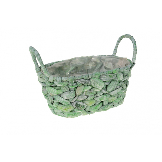 Kosár vessző fonott, ovális 26x16x11.5cm 2füles zöld