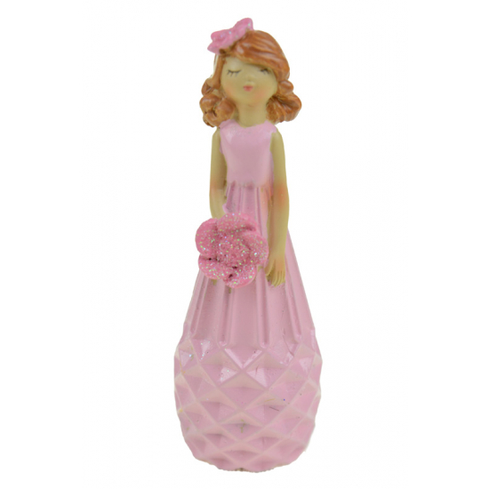 Figura lány poly virággal 9,8cm kockamintás rózsaszín