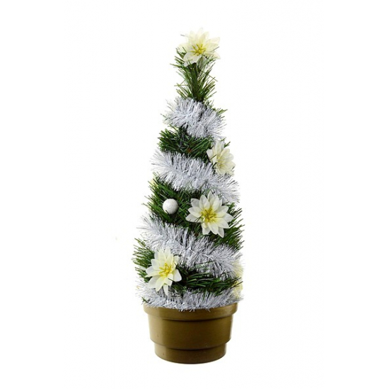 Műfenyő mini 40cm tálban boával díszített fehér
