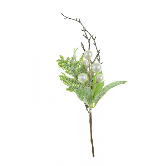 Pick ág leveles csillag+gömb 23CM zúzmarás fehér/zöld