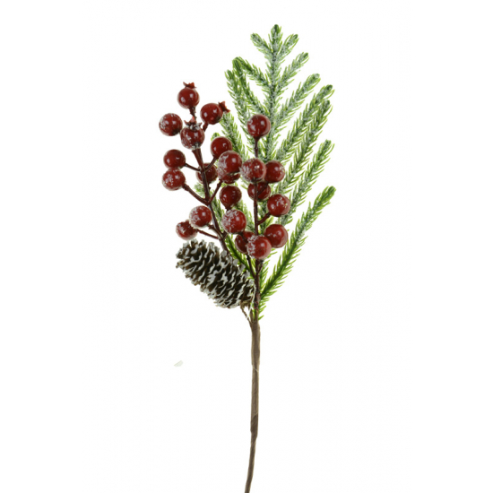 Pick bogyós/leveles ág 35CM tobozzal zúzmarás zöld/piros
