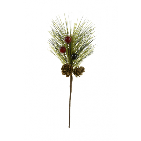 Pick fenyőág 21CM piros bogyó, toboz fehér/piros