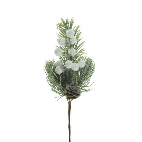 Pick fenyőág 22cm bogyóval fehér/zöld