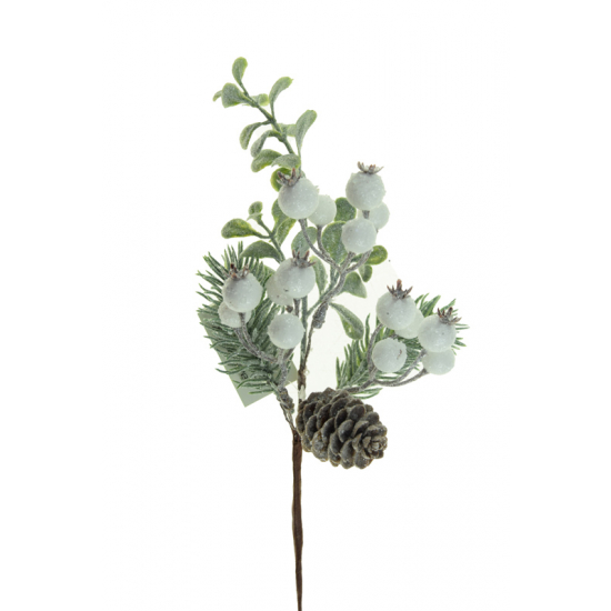 Pick fenyőág 28cm bogyóval fehér/zöld