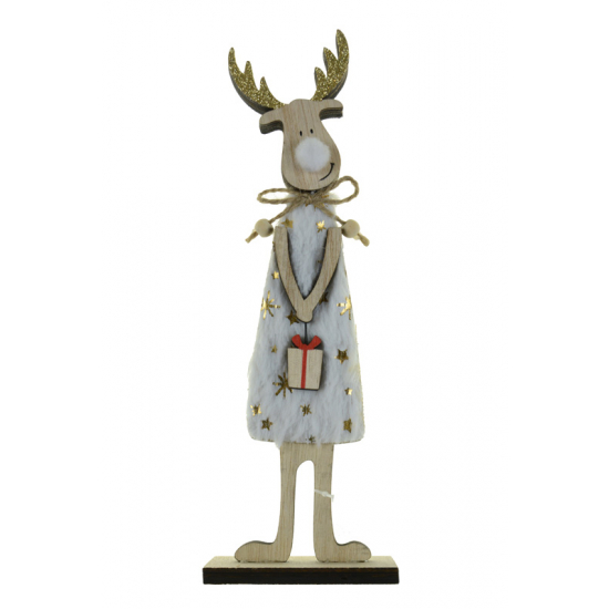 Figura rénszarvas fa talpas 22*7*4CM ajándékkal fehér