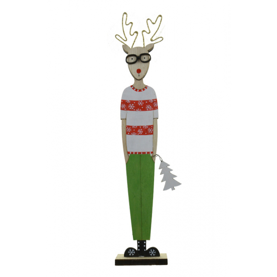 Figura Rénszarvas fiú fa 27*5*3.5CM talpas piros/zöld
