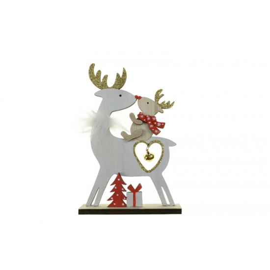 Figura Rénszarvas fa kicsinyével 13*9*3CM talpas fehér/piros