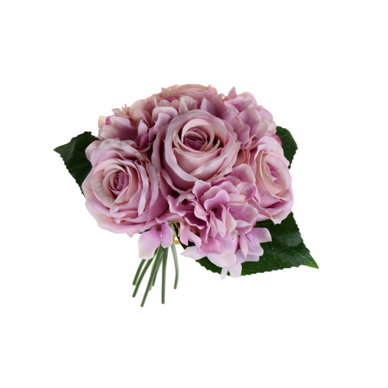 Selyemvirág rózsa+hortenzia csokor 32cm 7fej v.lila