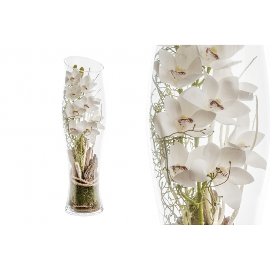 Selyemvirág Phalaenopsis üveg hengerben D18 H20 fehér/sárga