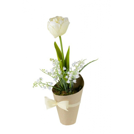 Selyemvirág tulipán kerámia kaspóban papír borítással masnival 11*30cm fehér/rózsaszín