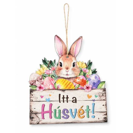 Tábla fa nyuszis 17.5*20cm Itt a Húsvét színes