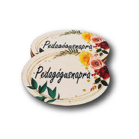 Tábla fa Pedagógudnapra ovális 4*6cm fehér LV