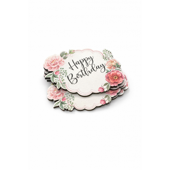 Tábla fa rózsás 6*7cm Happy Birthday rózsaszín