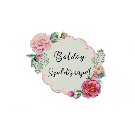 Tábla fa virágos 7,5*5cm Boldog Szülinapot feliratta rózsaszín LV