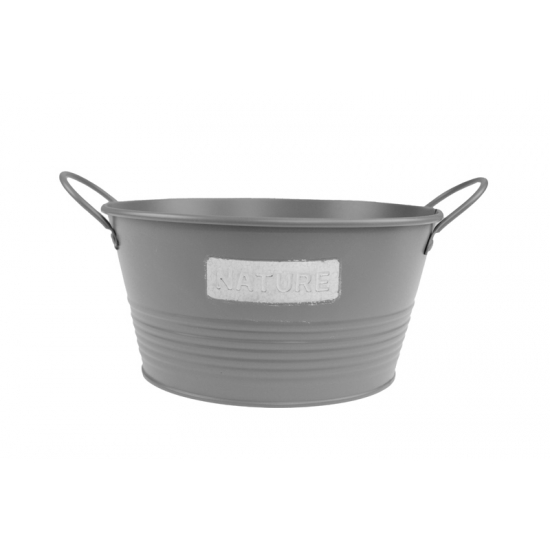 Tál fém 18/14*H9cm nature felirattal fülekkel szürke