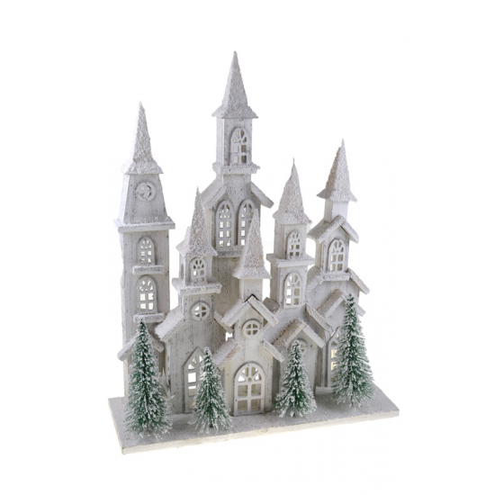 Toronyházak fa LED-es 45X15X57CM fenyőkkel barna/fehér